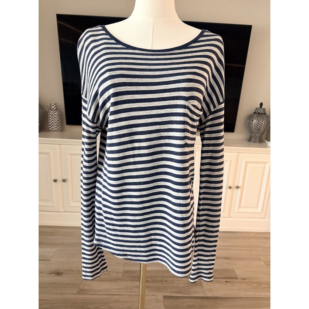 Vince Navy Grey Striped Long Sleeve Pocket Tee Size S